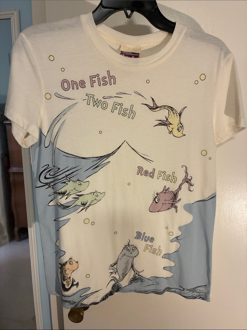 Mighty Fine Cream Short Sleeve Tee with Pastel Fish Graphic
